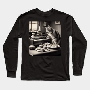 piano playing cat with burgers on his birthday Long Sleeve T-Shirt